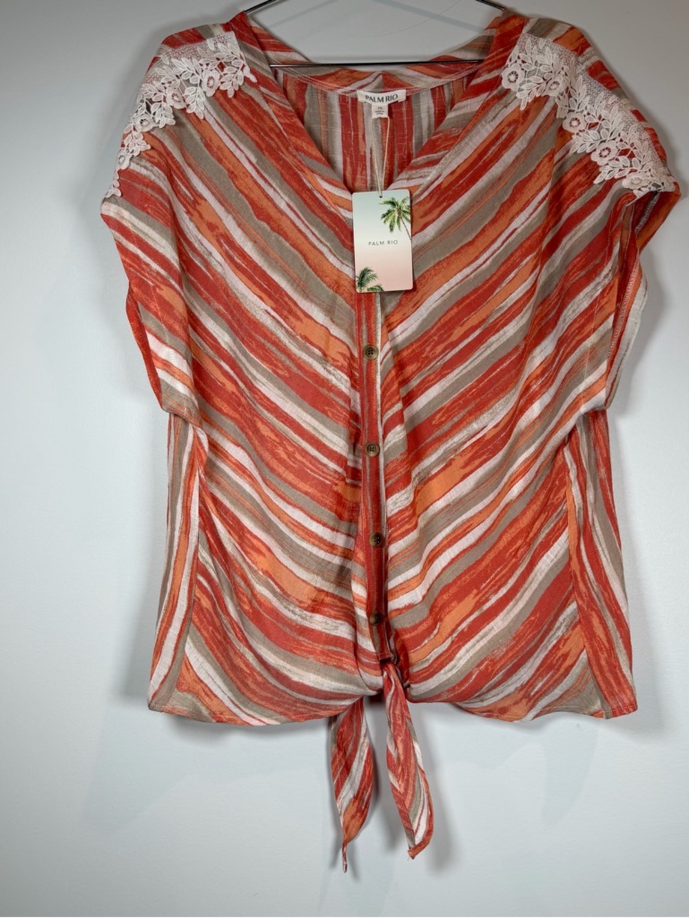 Palm Rio Women's Orange Striped Tie-Front Top with Lace Shoulders XL